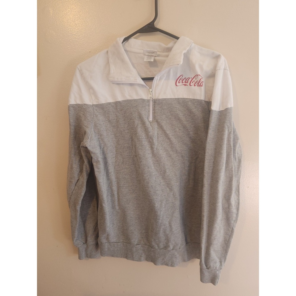 Womens Size Large Coca cola shirt Long Sleeve QuarterZip Gray And White Red Logo